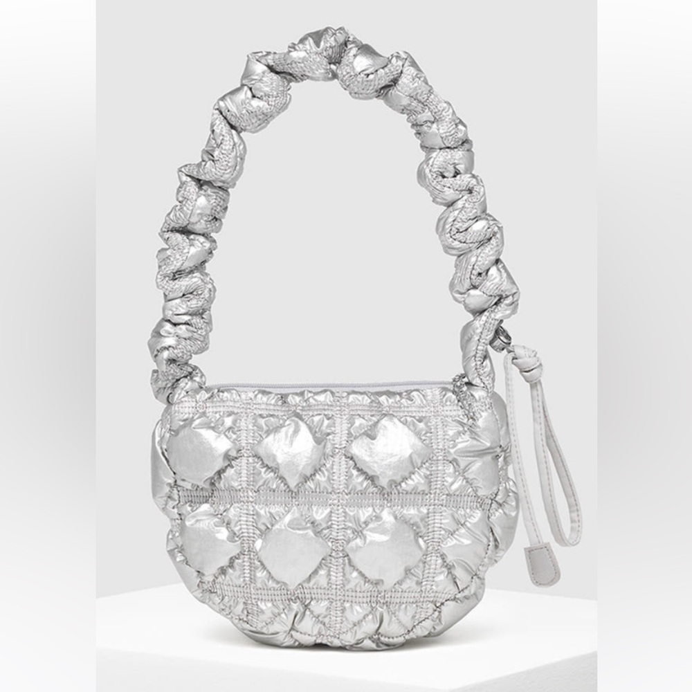 NWT Carlyn Poing Metallic Silver Quilted Shoulder Bag with Ruched Strap